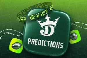 DraftKings Predictions app illustration featuring sports betting imagery and event contracts platform branding.