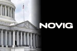 Novig logo beside the US Capitol representing the company's federal lawsuits over CFTC-regulated sports prediction markets.