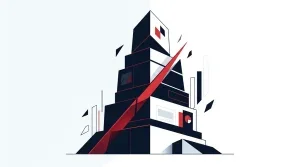 Abstract editorial illustration of prediction market volume surging with a red market-share wedge